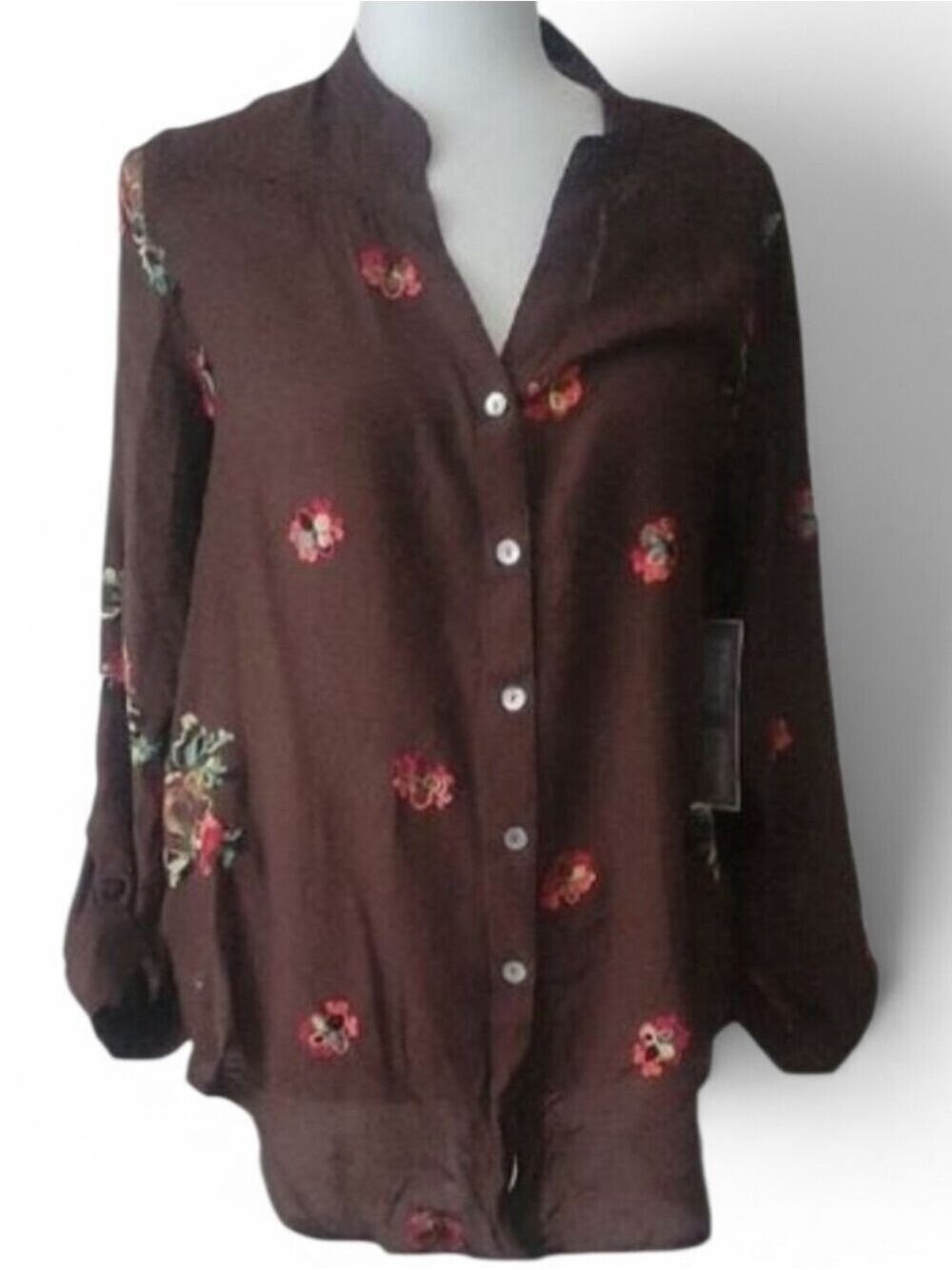 Nwt Anthropologie Brown Buttoned Blouse with Mandarin Collar and 3/4 Sleeves